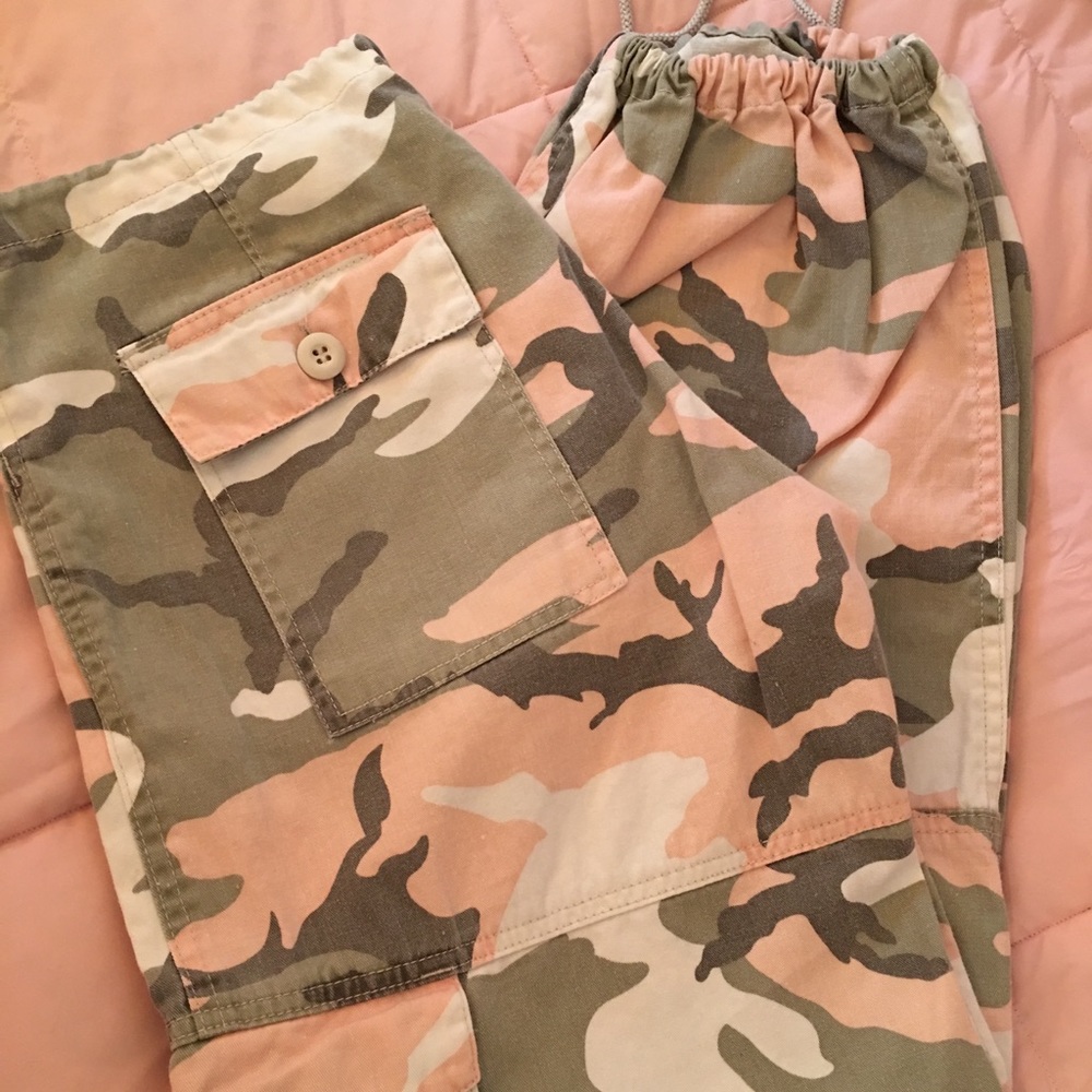 Pink Camo Cargo Pants w/Drawstrings on legs.